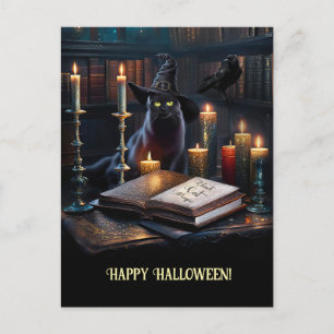 Halloween Magical Cat Books Raven  Holiday Postcard