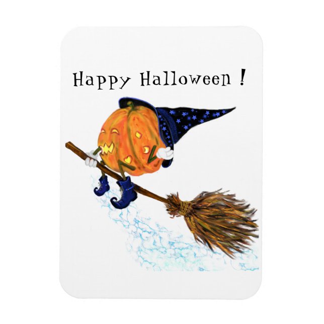 Halloween Magnet Witch Pumpkin Flying Broom (Vertical)