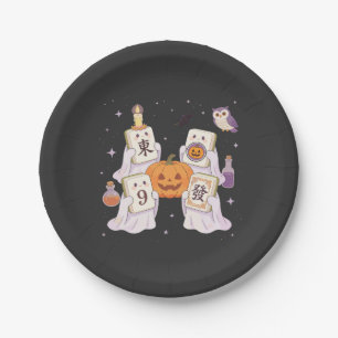 Halloween Mahjong Ghosts Holding Spooky Tiles Paper Plate