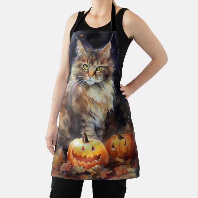 Halloween Maine Coon Cat With Pumpkins Scary Apron (Insitu)
