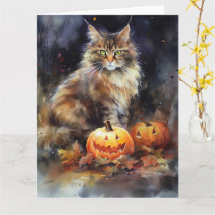 Halloween Maine Coon Cat With Pumpkins Scary Card