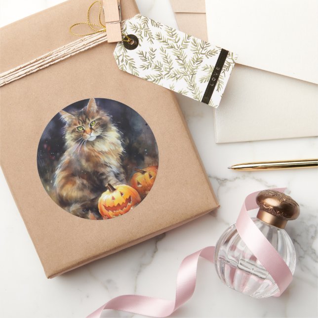 Halloween Maine Coon Cat With Pumpkins Scary Classic Round Sticker (Gifting)