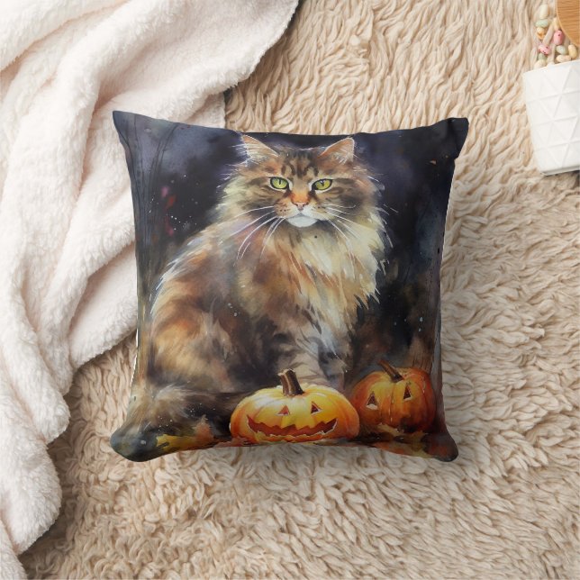 Halloween Maine Coon Cat With Pumpkins Scary Cushion (Blanket)