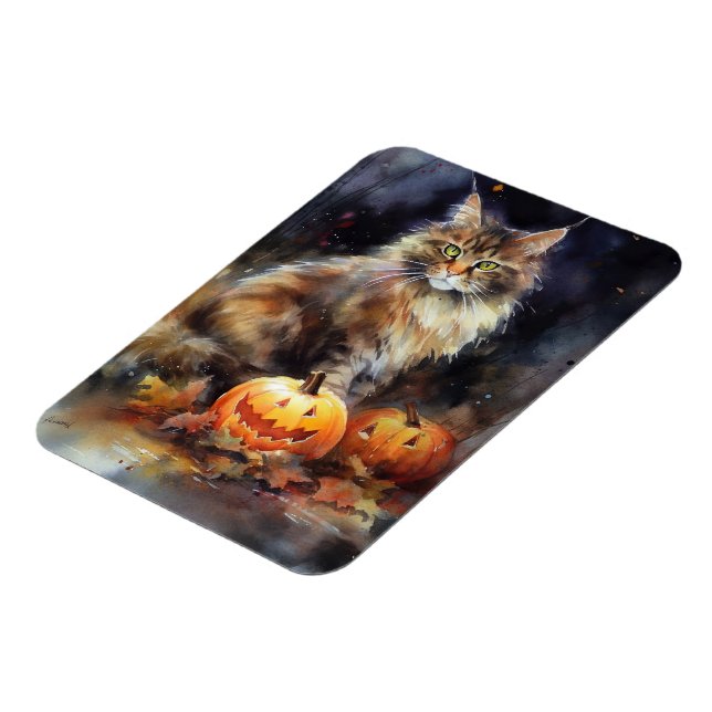 Halloween Maine Coon Cat With Pumpkins Scary Magnet (Left Side)