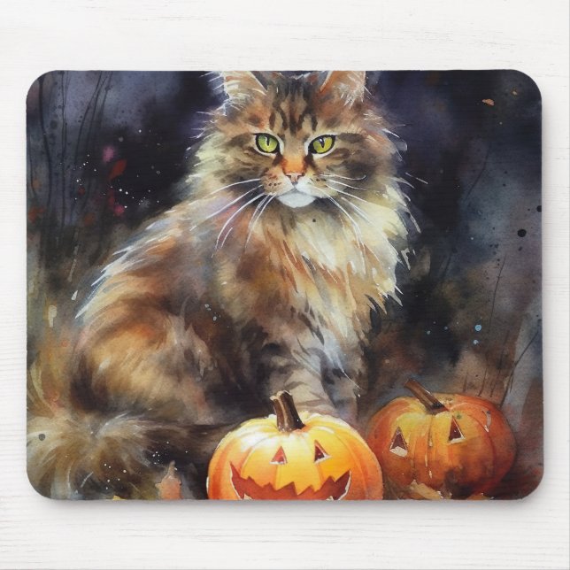 Halloween Maine Coon Cat With Pumpkins Scary Mouse Pad (Front)