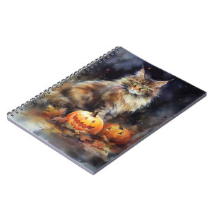 Halloween Maine Coon Cat With Pumpkins Scary Notebook
