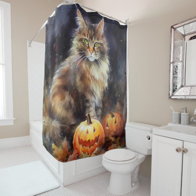 Halloween Maine Coon Cat With Pumpkins Scary Shower Curtain (In Situ)