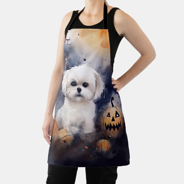 Halloween Maltese With Pumpkins Scary  Apron (Insitu)