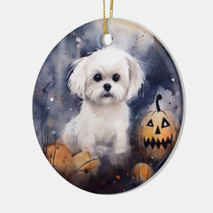 Halloween Maltese With Pumpkins Scary  Ceramic Ornament