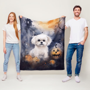 Halloween Maltese With Pumpkins Scary  Fleece Blanket