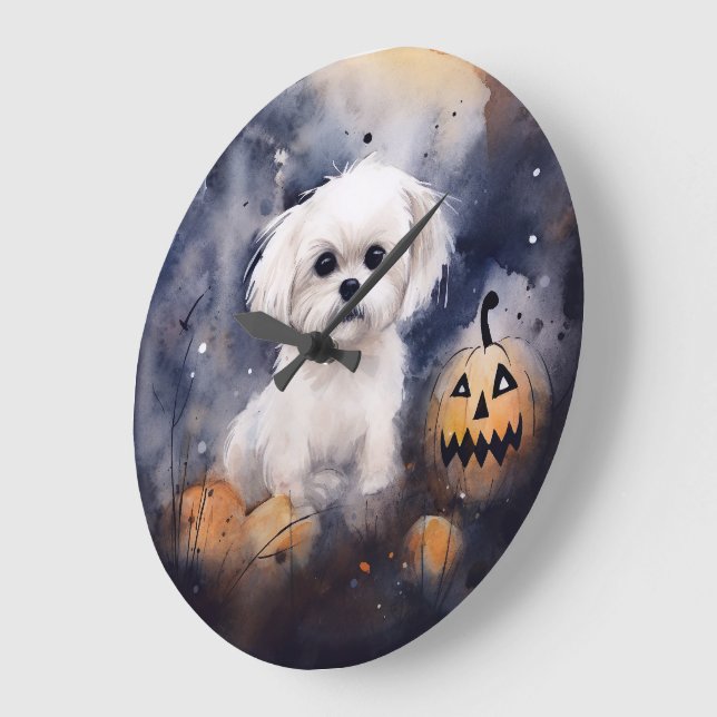Halloween Maltese With Pumpkins Scary  Large Clock (Angle)