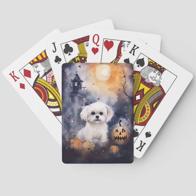 Halloween Maltese With Pumpkins Scary  Playing Cards (Back)