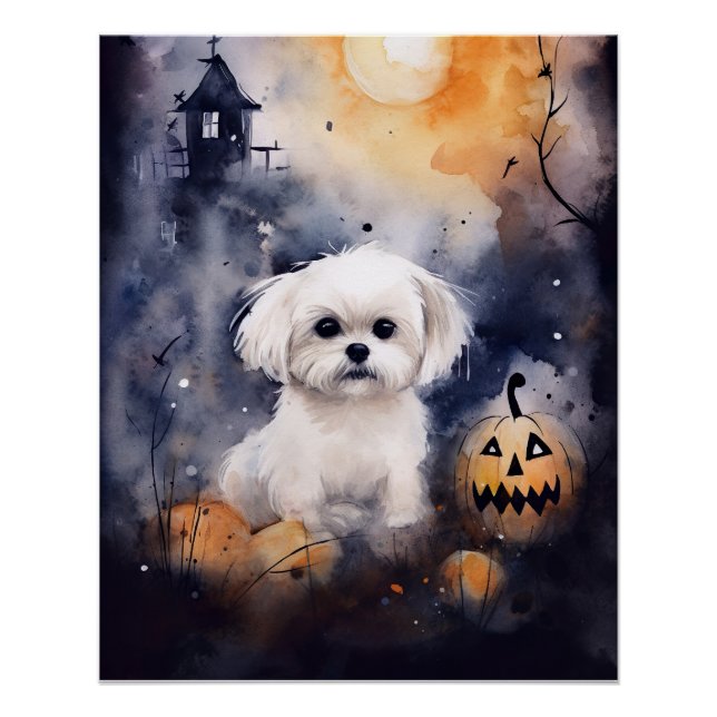 Halloween Maltese With Pumpkins Scary  Poster (Front)