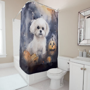 Halloween Maltese With Pumpkins Scary  Shower Curtain