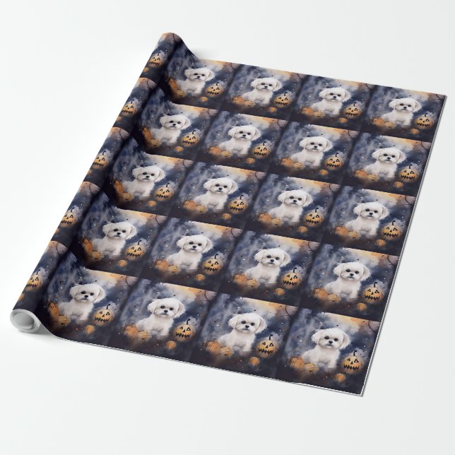 Halloween Maltese With Pumpkins Scary  Wrapping Paper (Unrolled)