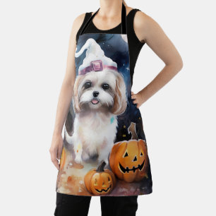 Halloween Malti Tzu With Pumpkins Scary  Apron