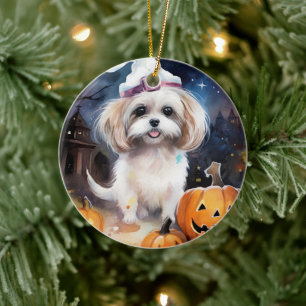 Halloween Malti Tzu With Pumpkins Scary Ceramic Ornament