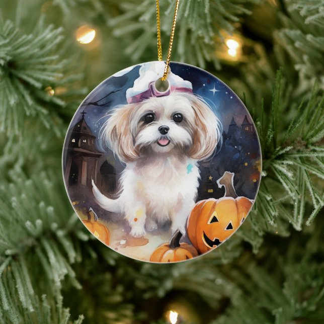 Halloween Malti Tzu With Pumpkins Scary  Ceramic Ornament (Tree)