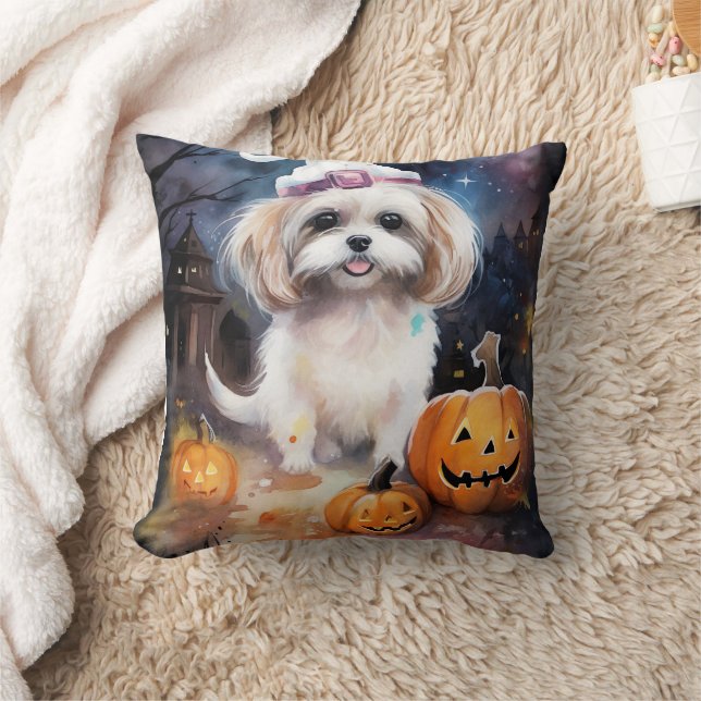 Halloween Malti Tzu With Pumpkins Scary  Cushion (Blanket)