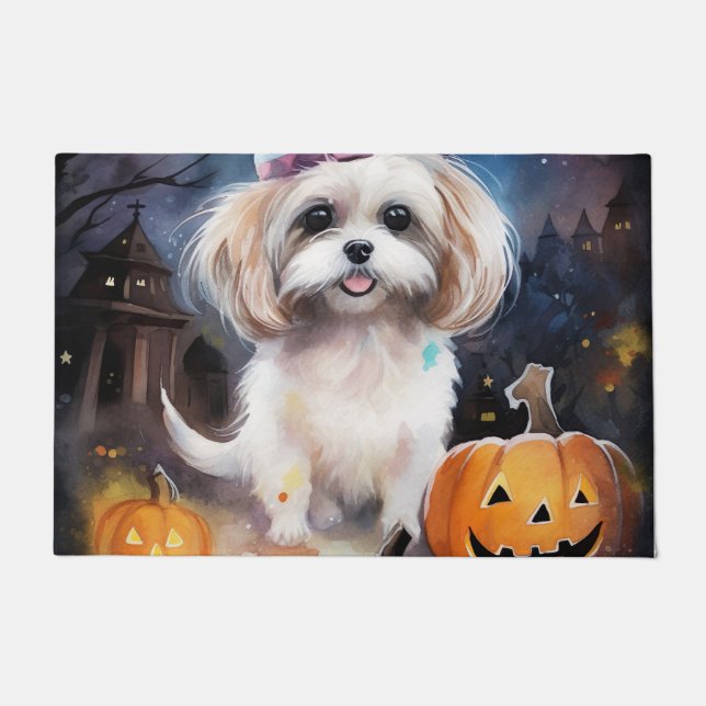 Halloween Malti Tzu With Pumpkins Scary  Doormat (Front)