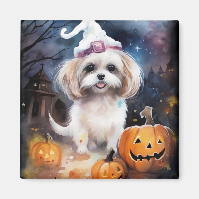 Halloween Malti Tzu With Pumpkins Scary  Magnet (Front)