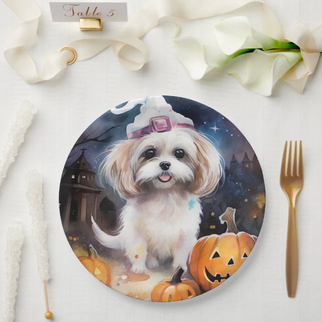 Halloween Malti Tzu With Pumpkins Scary  Paper Plate (Wedding)