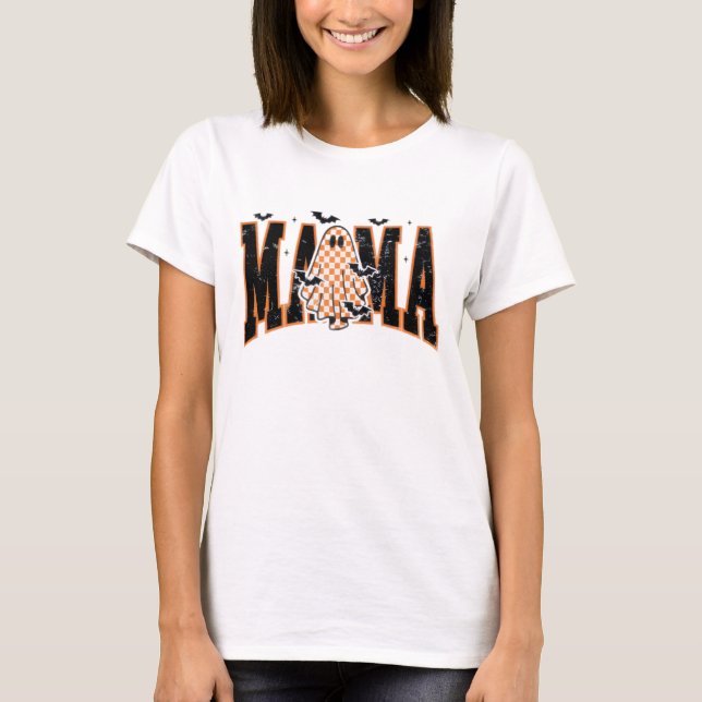 Halloween “MAMA” T-Shirt – Cute Ghost & Bats Graph (Front)