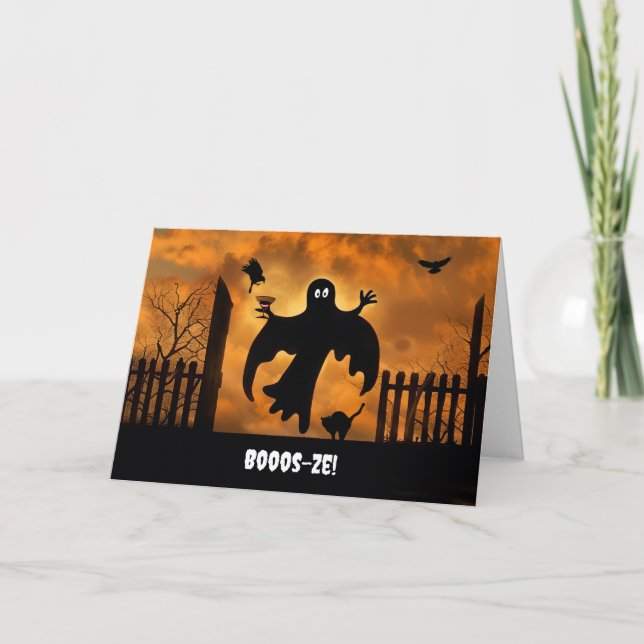 Halloween Martini Drinking Ghost Funny Holiday Card (Front)