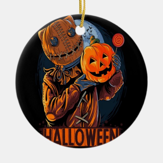HALLOWEEN MASKED SCARECROW MAN  PUMPKIN CERAMIC ORNAMENT (Front)