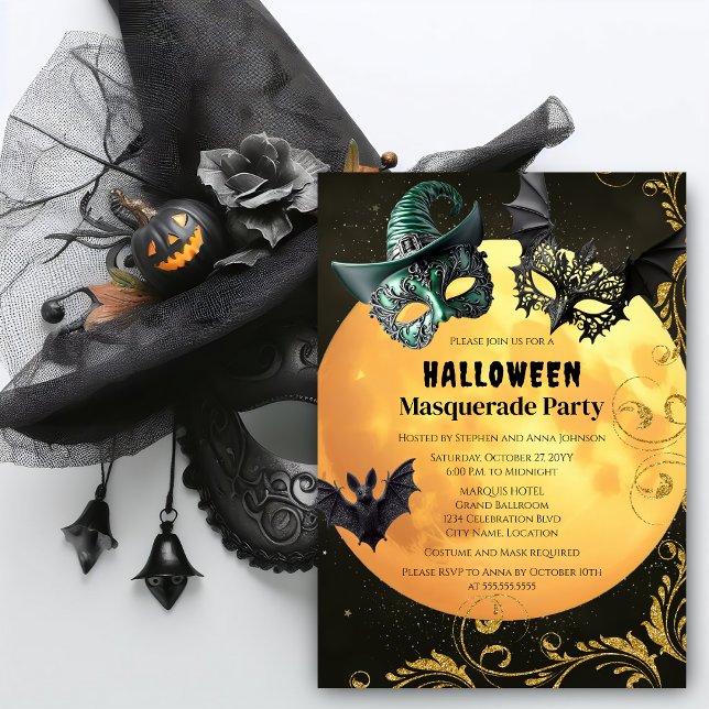 Halloween Masquerade Costume Party Invitation (Full moon, bats, and Halloween masquerade costume party invitation front.)