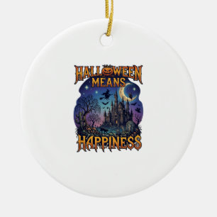 Halloween Means Happiness Haunted Castle Witch Moo Ceramic Ornament
