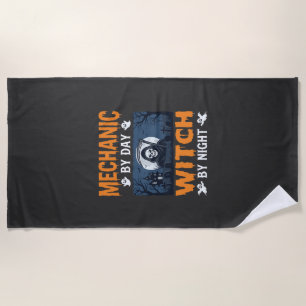 Halloween Mechanic by Day Witch by Night Beach Towel