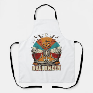 Halloween Meditating Pumpkin Skeleton Retro Sun Ba Apron