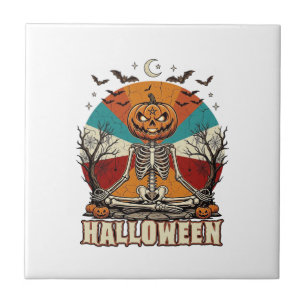 Halloween Meditating Pumpkin Skeleton Retro Sun Ba Ceramic Tile
