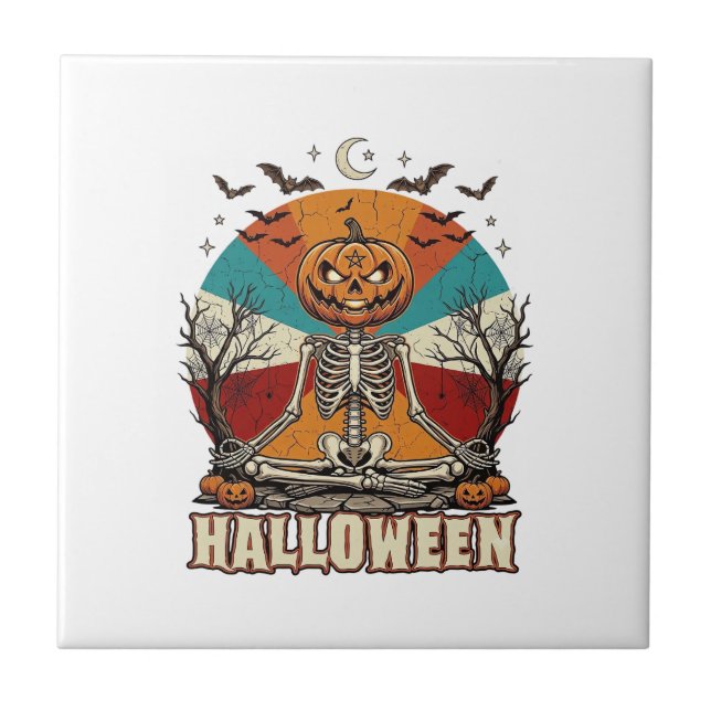 Halloween Meditating Pumpkin Skeleton Retro Sun Ba Ceramic Tile (Front)