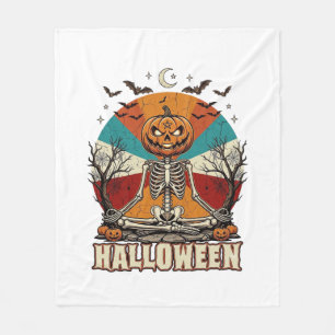 Halloween Meditating Pumpkin Skeleton Retro Sun Ba Fleece Blanket