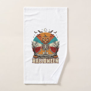 Halloween Meditating Pumpkin Skeleton Retro Sun Ba Hand Towel