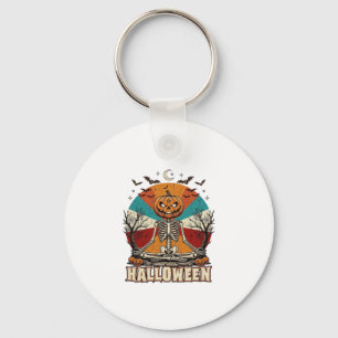 Halloween Meditating Pumpkin Skeleton Retro Sun Ba Key Ring