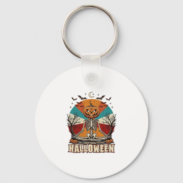 Halloween Meditating Pumpkin Skeleton Retro Sun Ba Key Ring (Front)