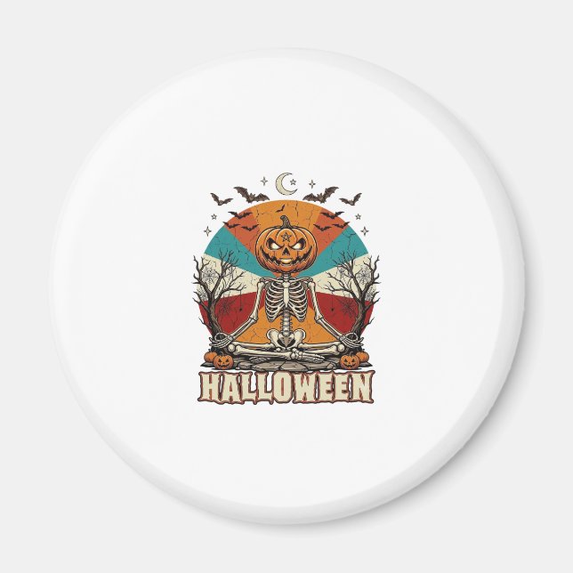 Halloween Meditating Pumpkin Skeleton Retro Sun Ba Magnet (Front)