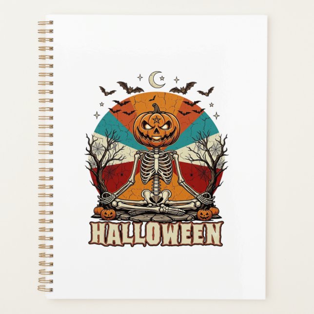 Halloween Meditating Pumpkin Skeleton Retro Sun Ba Planner (Front)