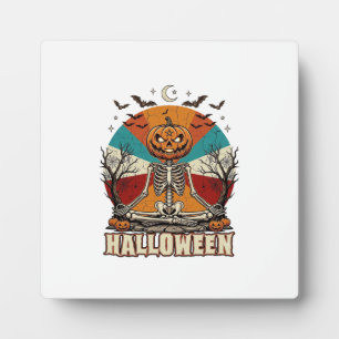 Halloween Meditating Pumpkin Skeleton Retro Sun Ba Plaque