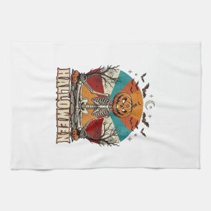 Halloween Meditating Pumpkin Skeleton Retro Sun Ba Tea Towel