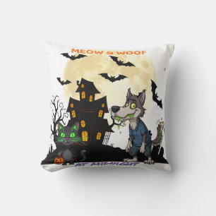 Halloween "Meow & Woof at Midnight" Cat & Werewolf Cushion