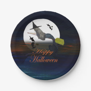 Halloween mermaid witch in moonlight paper plates. paper plate