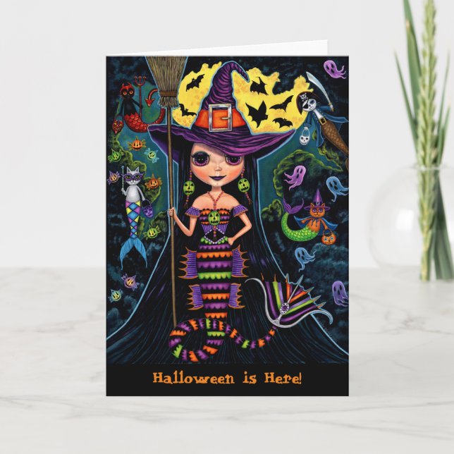 Halloween Mermaid Witch Mercats Ghosts Pumpkins Holiday Card (Front)