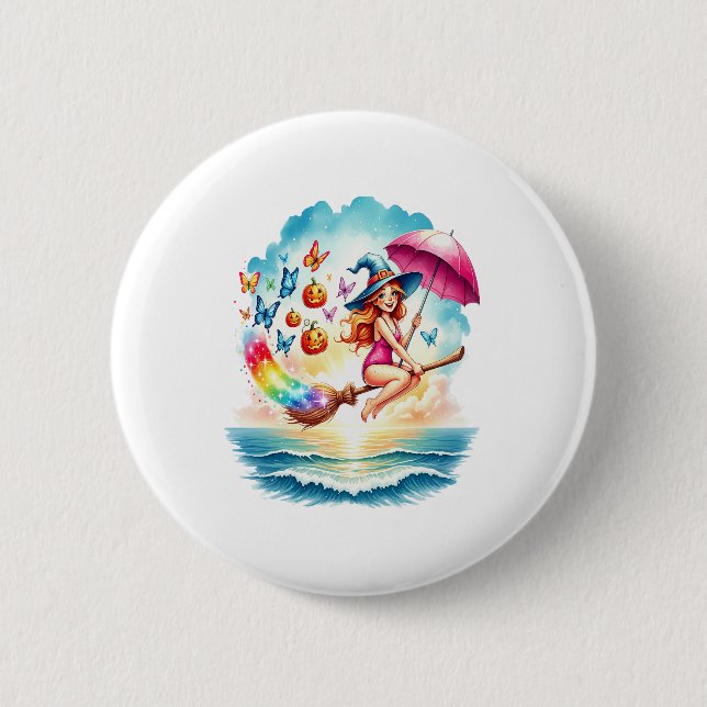Halloween Mermaid Witch on Broom 6 Cm Round Badge (Front)