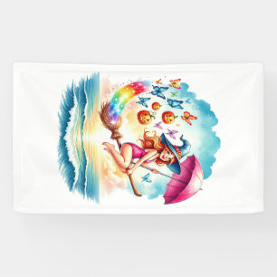 Halloween Mermaid Witch on Broom Banner