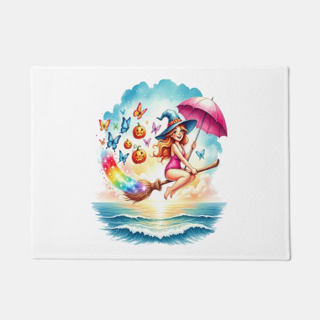 Halloween Mermaid Witch on Broom Doormat (Front)