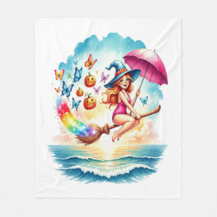 Halloween Mermaid Witch on Broom Fleece Blanket